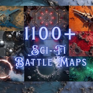 Op de afbeelding: Een collage van sci-fi gevechtskaarten met de tekst "1100+ Sci-Fi Battle Maps" in een gestileerd lettertype. De kaarten tonen verschillende futuristische landschappen, waaronder ruimtestations en hemellichamen, in tinten blauw, rood en groen.