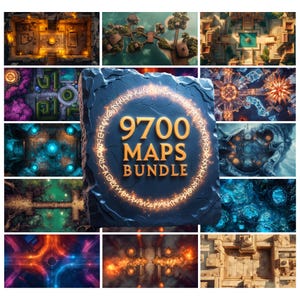 Könnte beinhalten: Eine Sammlung von Fantasy-Karten mit verschiedenen Umgebungen, darunter Dungeons, Inseln und futuristische Stadtlandschaften. Das zentrale Bild zeigt einen Stein mit dem Text "9700 MAPS BUNDLE" in Gold, umgeben von einem leuchtenden Runenkreis. Die Karten sind farbenfroh dargestellt.