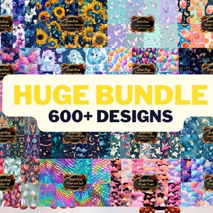 May include: A collage of colourful digital illustrations featuring over 600 seamless patterns. The patterns include various themes such as clouds, flowers, unicorns, balloons, and more.