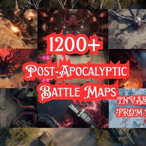 Peut inclure: Un collage de cartes de bataille post-apocalyptiques avec le texte "1200+ Post-Apocalyptic Battle Maps" et "Invasion From Hell". Les cartes présentent des scènes de destruction et de conflit, avec des arrière-plans enflammés et des environnements détaillés.