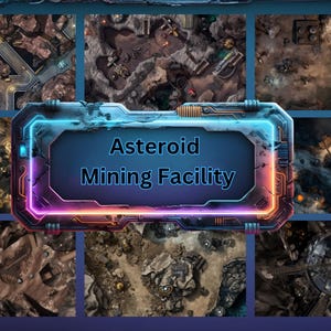 May include: A collage of images showing different views of a fictional asteroid mining facility. The text "Asteroid Mining Facility" is displayed in a neon-colored frame.