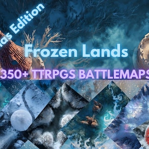 May include: A promotional image for "Frozen Lands" battlemaps, featuring two castle towers and various winter landscape scenes. Text includes "Christmas Edition" and "350+ TTRPGs Battlemaps."