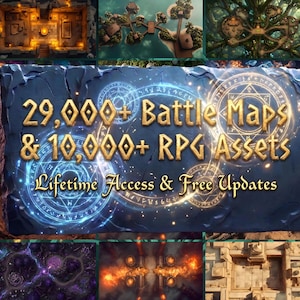 Puede incluir: Una colección digital de 29.000+ mapas de batalla y 10.000+ recursos RPG con una placa de piedra azul oscuro central con texto dorado brillante y runas circulares mágicas, rodeada por un collage de varios entornos de juegos de fantasía.