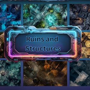 Könnte beinhalten: Ein digitales Kunstwerk mit einer Sammlung stilisierter Bilder von Ruinen und Strukturen. Das zentrale Element ist ein leuchtender, rechteckiger Rahmen mit dem Text "Ruins and Structures". Die umgebenden Bilder zeigen verschiedene architektonische und landschaftliche Designs.