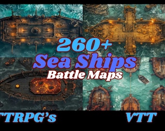 May include: A collection of 260+ sea ship battle maps for tabletop role-playing games (TTRPG's) and virtual tabletop (VTT) platforms. The maps feature detailed ship designs with wooden decks and various lighting elements.