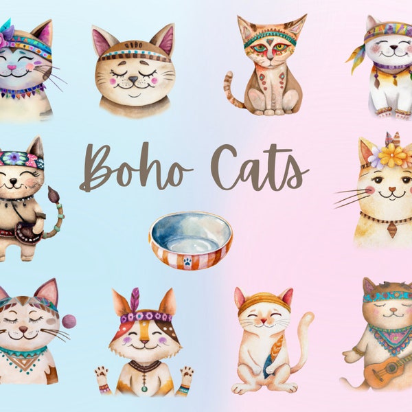 Cats Clipart watercolor, boho cats png, boho cute cats, digital download png