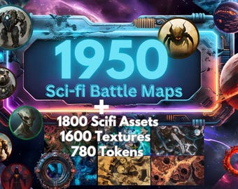 May include: A digital illustration of a futuristic space scene with a glowing blue sign that reads "1950 Sci-fi Battle Maps + 1800 Scifi Assets 1600 Textures 780 Tokens". The image features various sci-fi themed elements, including spaceships, planets, and characters.