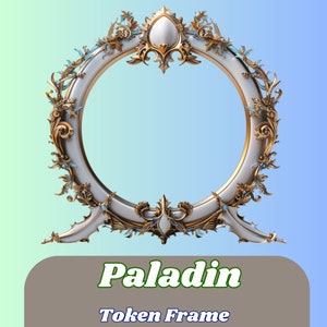 Puede incluir: Un marco adornado blanco y dorado con un diseño azul y blanco. El marco tiene forma de círculo con una parte superior e inferior decorativas. El texto "Paladin Token Frame" está debajo del marco.