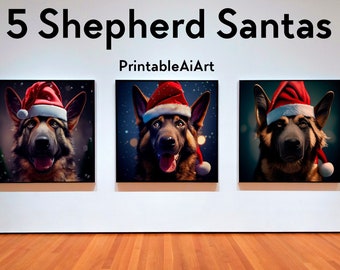 Set of 5 German Shepherd Dogs With a Santa Hat | Christmas | Printable Wall Art | Pet Portrait | Santa Dog | German Shepherd Art | Pet Lover