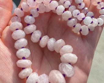 19&quot; Pink Morganite Rondelle Necklace, Hand Knotted on Purple Silk Jewelry, Graduated Gemstone Beaded Candy Necklace,Unique Boho Jewelry Gift