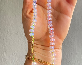 Collar de opalita personalizado de 8 mm, anudado a mano en seda, con cuentas de piedras preciosas, collar de capas de colores, joyería bohemia, regalo único de joyería unisex.