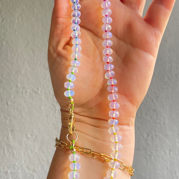 Hand Knotted 8mm Opalite Necklace, Gemstone Beaded, Rainbow, Colorful Layering Necklace, Boho Jewelry, Unique Holiday Gift for Her