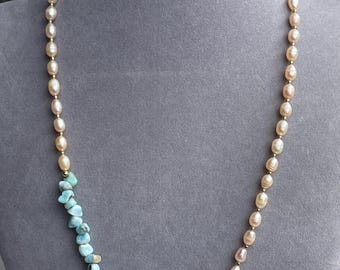 21.5&quot; Asymmetrical Larimar, Pearl & Gold Filled Necklace, June Birthstone Gift, Natural Freshwater Pearl Necklace Boho Unique Layering Piece