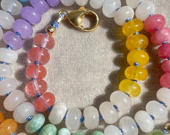 19.75” Color Block 8mm Gemstone Beaded Necklace, Hand Knotted on Periwinkle Blue Silk Jewelry, Layering Boho Necklace, Unique Unisex Gift