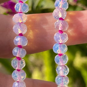 17.5&quot; White Opalite Beaded Necklace, Hand Knotted on Hot Fuchsia Silk, Rainbow, Colorful Layering Candy Necklace, Unique Unisex Jewelry Gift