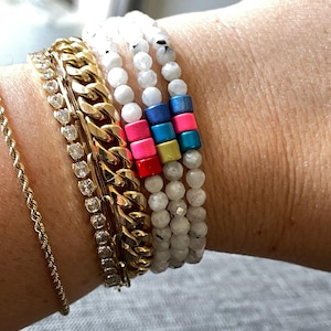 Rainbow Moonstone and Enamel Color Block Stretch Beaded Bracelet, Layering Bracelet, Boho Gem Bracelet, Unique Unisex Gift