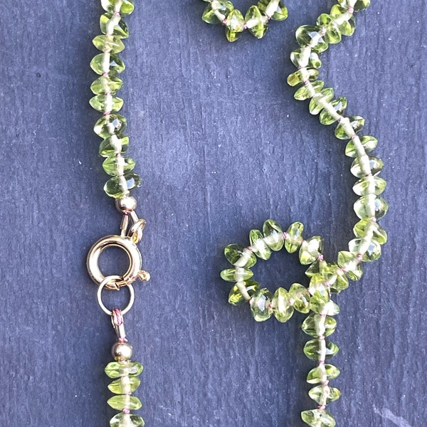 Shiny 5mm Peridot Rondelle Hand Knotted Silk Necklace, Boho Green Necklace, Real Gemstone August Birthstone Jewelry, Unique Gift for Her