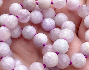 18” Natural Kunzite, Faceted Round Beaded Necklace, Hand Knotted on Hot Violet Silk Jewelry, Layering, Boho Gem Necklace, Unique Unisex Gift