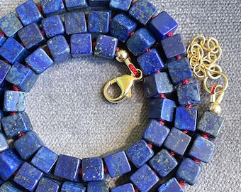 19.75” Natural Blue Lapis Candy Necklace, Hand Knotted on Coral Silk, Semi-Precious Gemstone Beads, Unique Unisex Jewelry