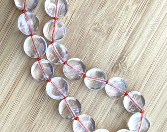 17.5” Clear Quartz, Smooth Coin Beaded Necklace, Hand Knotted on Bright Orange Silk Jewelry, Layering, Boho Gem Necklace, Unique Unisex Gift