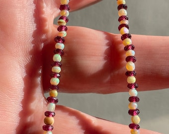 Mini Sterling Opal w/ Garnet Necklace, Gemstone Choker, October and January Birthstone Jewelry Unique Unisex Gift