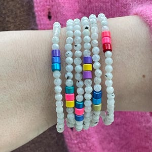 Rainbow Moonstone and Enamel Color Block Stretch Beaded Bracelet, Layering Bracelet, Boho Gem Bracelet, Unique Unisex Gift