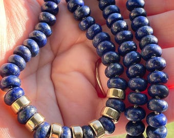 19” Natural Blue Lapis Candy Necklace With Gold Hand Knotted on Taupe Silk, Semi-Precious Gemstone Beads, Unique Unisex Jewelry Gift