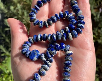 20.75” Natural Blue Lapis Candy Necklace with Lapis Heart, Hand Knotted on Dark Blue Silk, Semi-Precious Gemstone Beads, Unisex Jewelry