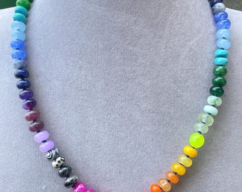 18.25” Rainbow Mixed Gemstone Beaded Necklace, Hand Knotted on Dark Blue Silk Jewelry, Layering, Boho Gem Necklace, Unique Unisex Gift