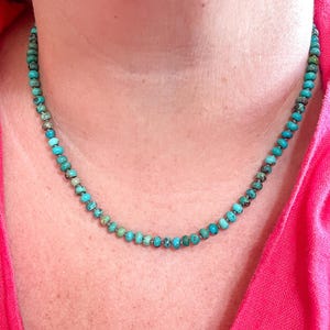 17” Natural Turquoise Choker Necklace Hand Knotted on Taupe Silk, Gorgeous Gemstone Layering Necklace, December Birthstone, Unisex Gift