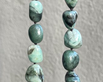 17.5&quot; Natural Emerald Freeform Beaded Necklace, Hand Knotted on Black Silk Jewelry, Statement Boho Gem Necklace, Unique Unisex Gift