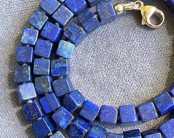 18.25” Natural Blue Lapis Candy Necklace, Hand Knotted on Taupe Silk, Semi-Precious Gemstone Beads, Unique Unisex Jewelry