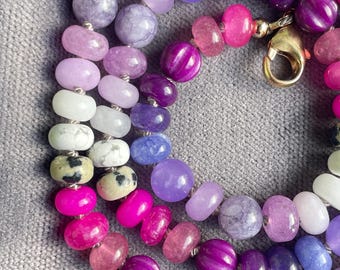 20.75” Pink & Purple Ombre Gemstone Beaded Necklace, Hand Knotted on Taupe Silk Jewelry, Layering Boho Gem Necklace, Unique Unisex Gift