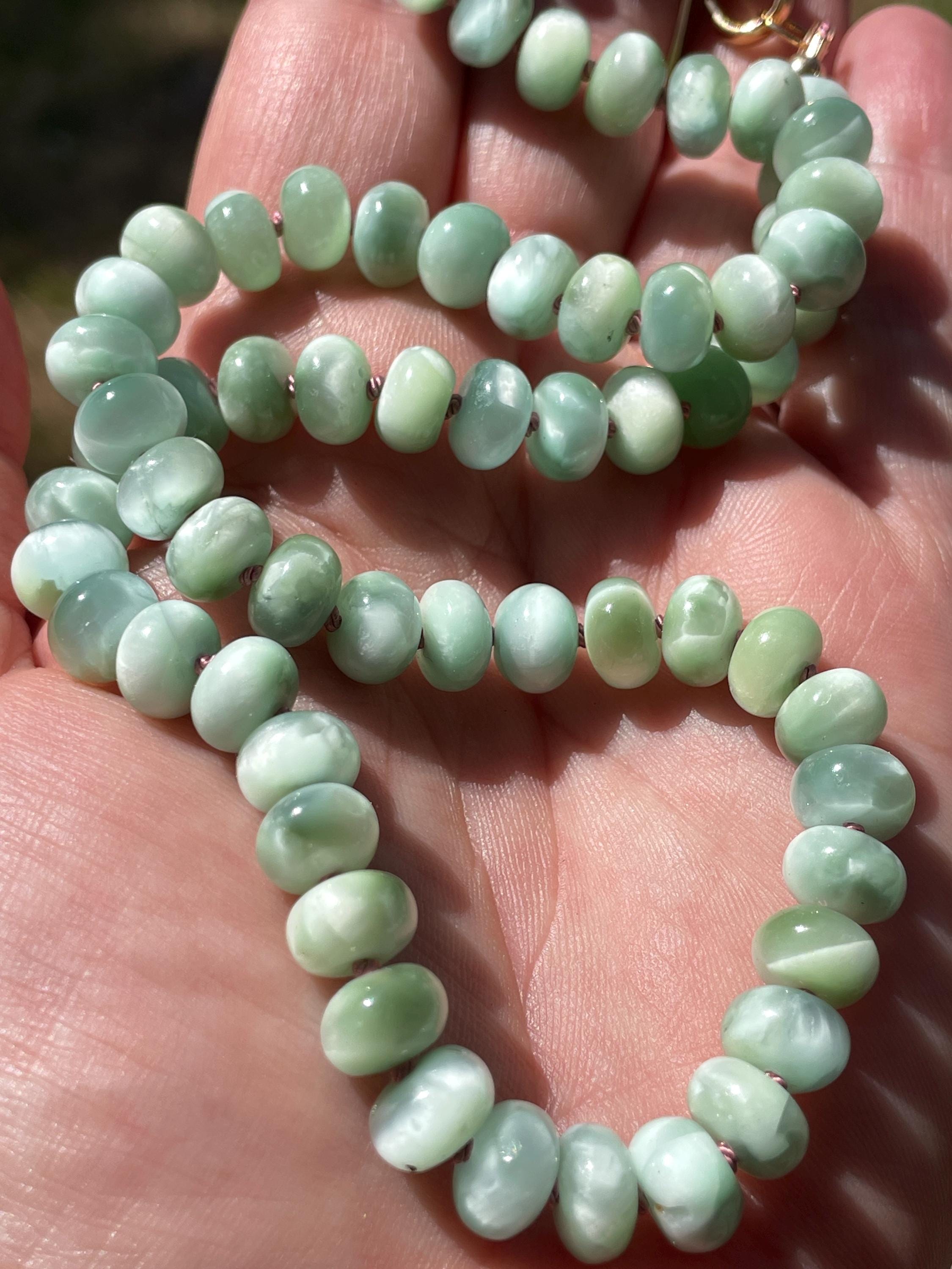 Custom Natural Green Moonstone Candy Necklace, Hand Knotted on Silk, Smooth June Birthday Gemstone Candy Beads, Unique Unisex Jewelry Gift