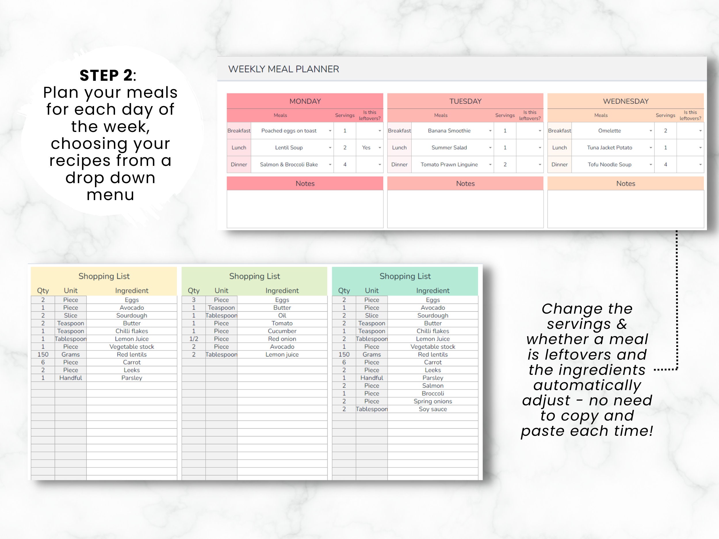 Weekly Meal Planner and Shopping List Excel and Google - Etsy