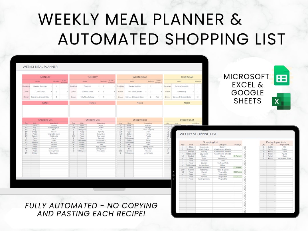 Weekly Meal Planner and Shopping List Excel and Google - Etsy