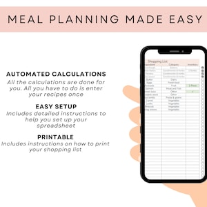 May include: A digital phone screen displaying a shopping list with a checklist. The list includes items like butter, eggs, salmon, and lentils. The text "Meal Planning Made Easy" is at the top of the image.
