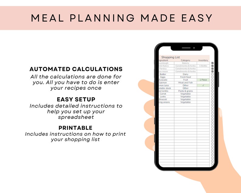May include: A digital phone screen displaying a shopping list with a checklist. The list includes items like butter, eggs, salmon, and lentils. The text "Meal Planning Made Easy" is at the top of the image.