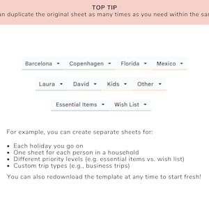 Pu&ograve; includere: Uno screenshot di un modello di planner digitale con un consiglio in alto per duplicare il foglio tutte le volte che &egrave; necessario. Il modello ha menu a tendina per selezionare una destinazione, una persona e una categoria. Le categorie sono "Articoli essenziali" e "Lista dei desideri".