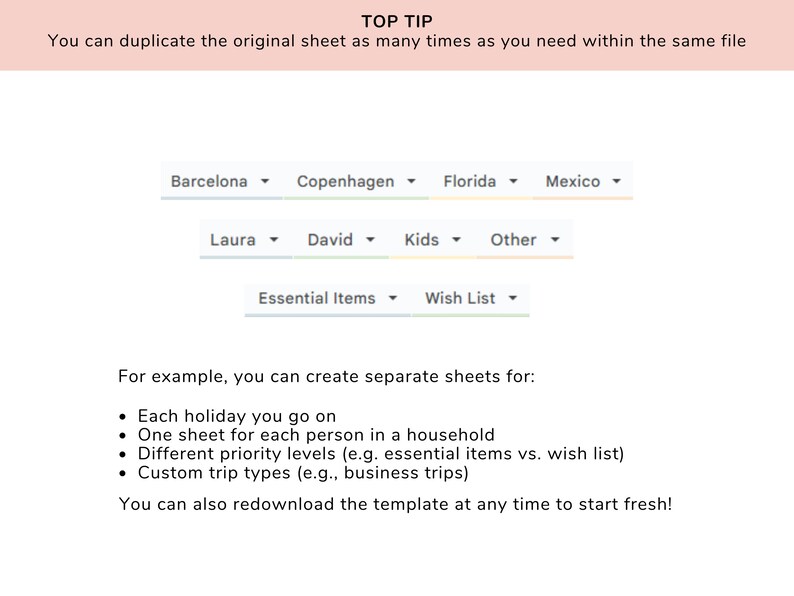 Pu&ograve; includere: Uno screenshot di un modello di planner digitale con un consiglio in alto per duplicare il foglio tutte le volte che &egrave; necessario. Il modello ha menu a tendina per selezionare una destinazione, una persona e una categoria. Le categorie sono "Articoli essenziali" e "Lista dei desideri".