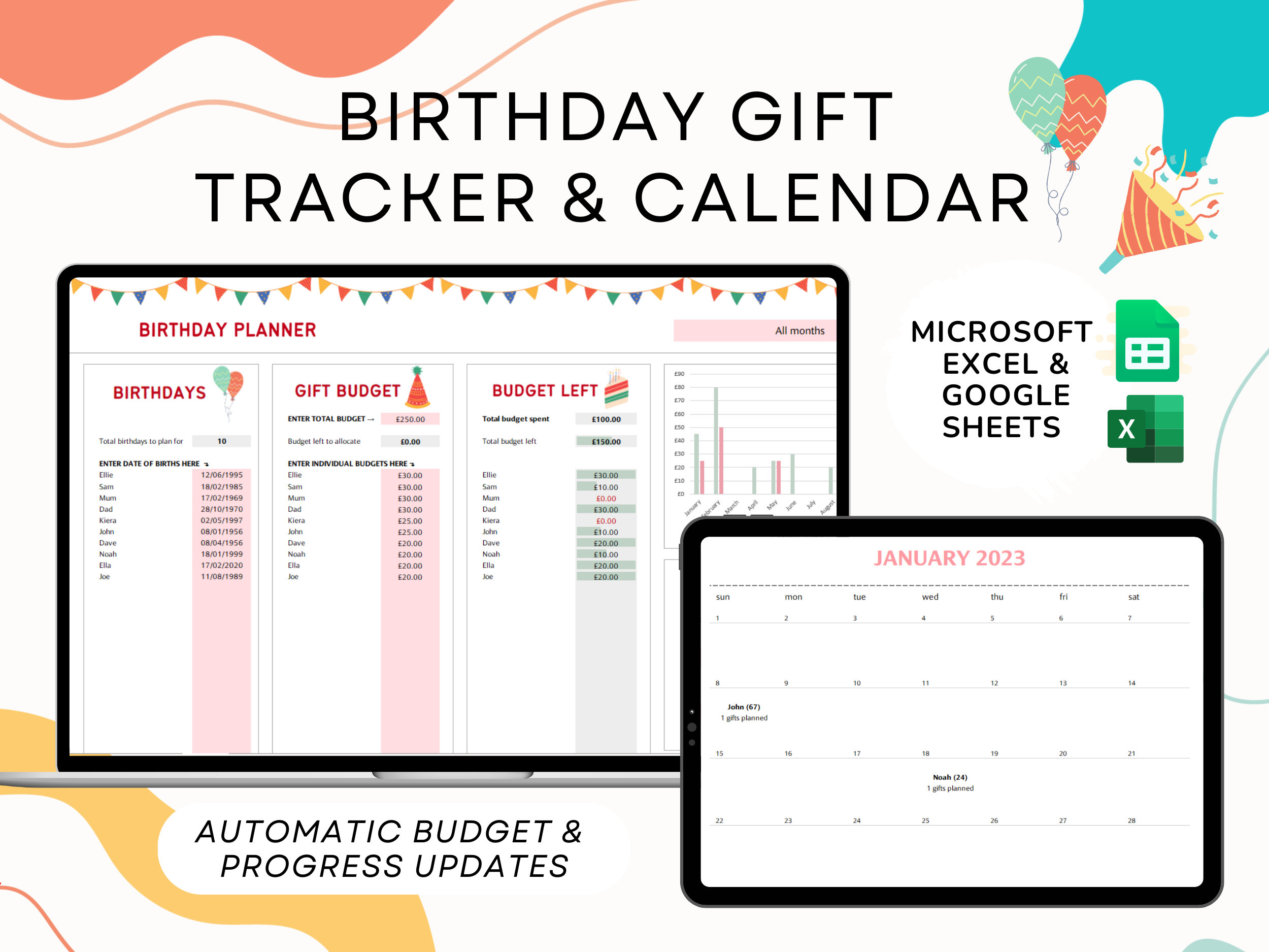 Birthday Gift and Card Planner Calendar and Budget | Excel Google Sheets | Digital Spending Tracker