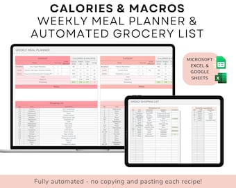 Weekly Meal Planner & Automated Grocery List | Calories and Macros Tracker | Google Sheets Excel Digital Template | Food Prep Fitness