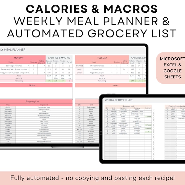 Wöchentlicher Essensplaner und automatisierte Einkaufsliste | Kalorien-Makros-Tracker | Digitale Excel-Vorlage für Google Sheets | Essenszubereitung