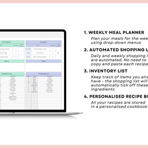 May include: A computer screen displaying a meal planner app with a weekly meal planner, automated shopping list, inventory list, and personalized recipe book features. The app has a light blue and green color scheme.