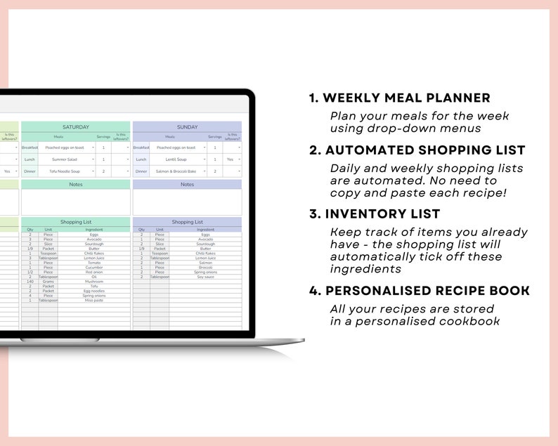 May include: A computer screen displaying a meal planner app with a weekly meal planner, automated shopping list, inventory list, and personalized recipe book features. The app has a light blue and green color scheme.