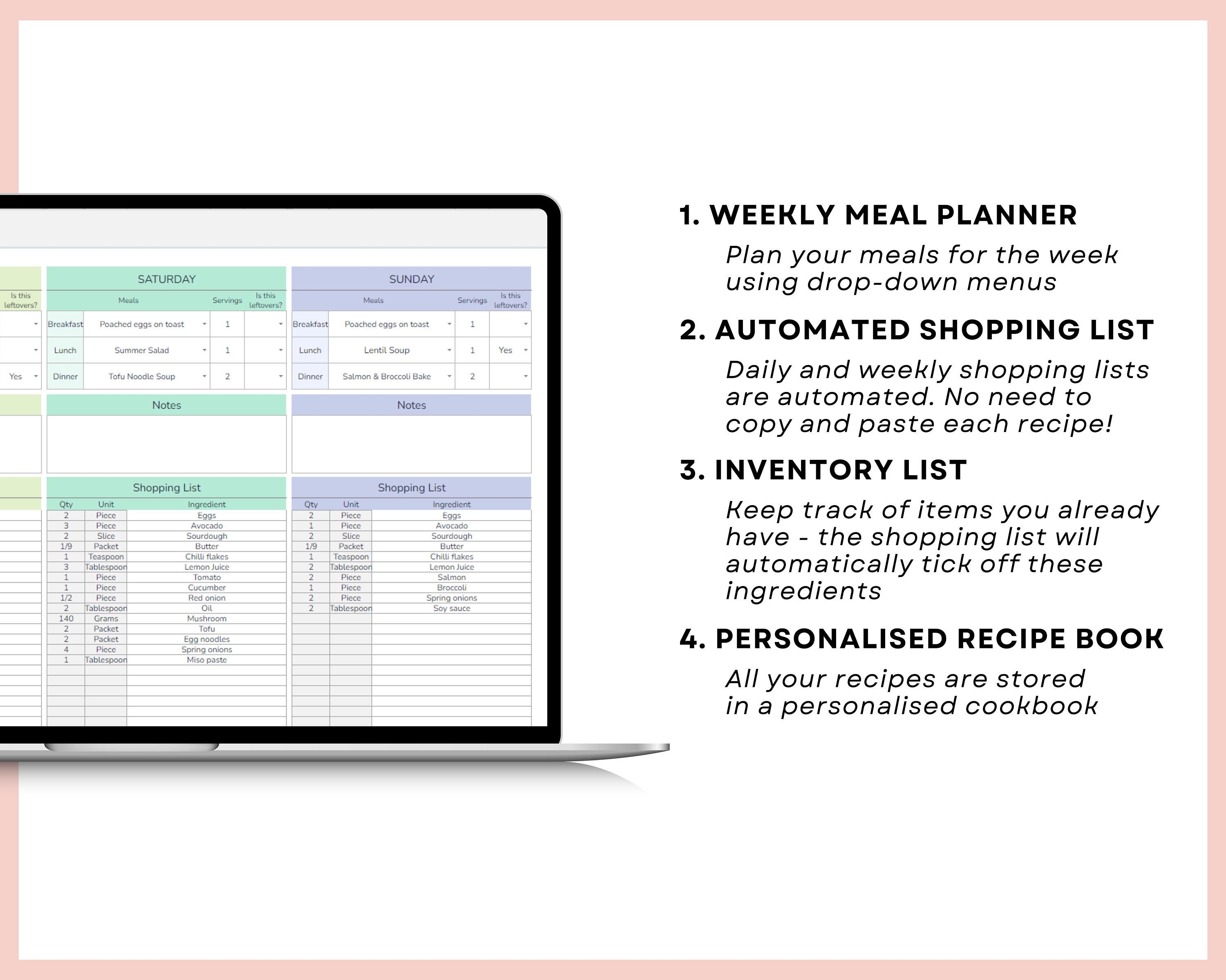 Digital Weekly Meal Planner – Automated Grocery List – Google Sheets ...
