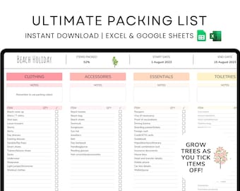 Editable Packing List Template | Google Sheets Excel | Holiday Vacation Planner