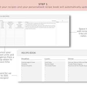May include: A printable recipe book template with a gray background. The template is divided into three sections: breakfast, lunch, and dinner. Each section has a list of recipes. The template also includes a section for adding custom units and categories. The text "STEP 1" is at the top of the page. The text "Add your recipes and your personalised recipe book will automatically update" is below the "STEP 1" text. The text "Space for up to 300 recipes!" is at the bottom of the page.