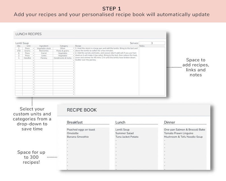 May include: A printable recipe book template with a gray background. The template is divided into three sections: breakfast, lunch, and dinner. Each section has a list of recipes. The template also includes a section for adding custom units and categories. The text "STEP 1" is at the top of the page. The text "Add your recipes and your personalised recipe book will automatically update" is below the "STEP 1" text. The text "Space for up to 300 recipes!" is at the bottom of the page.