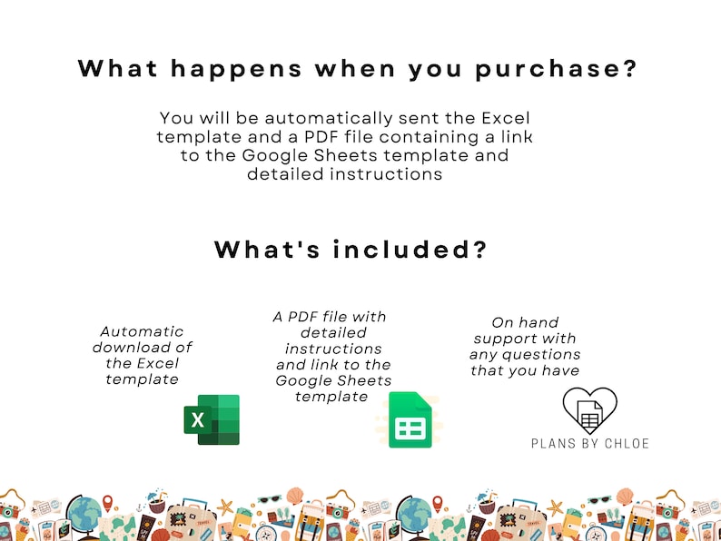 Pu&ograve; includere: Una grafica che mostra cosa &egrave; incluso quando si acquista un prodotto digitale. La grafica mostra un modello Excel, un file PDF con istruzioni dettagliate e un modello Google Sheets. Il testo "Plans by Chloe" &egrave; incluso.